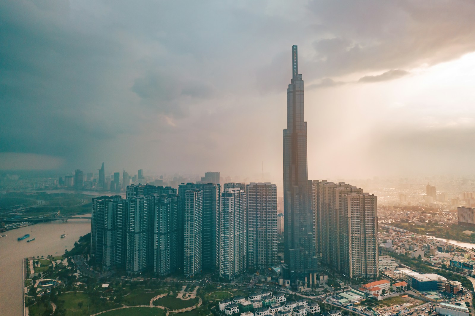 Aerial view of Ho Chi Minh City skyline with Landmark 81 tower and dense urban development