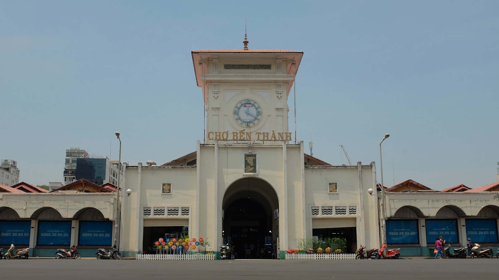 The clock tower facade of Ben Thanh Market in District 1, Ho Chi Minh City