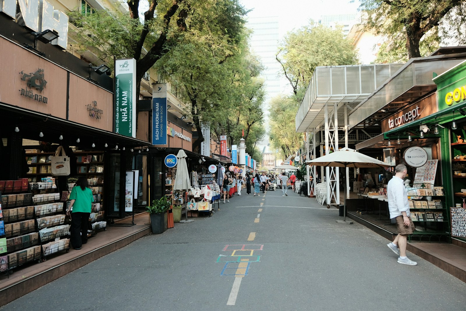 Busy outdoor market street in Ho Chi Minh City with pedestrians