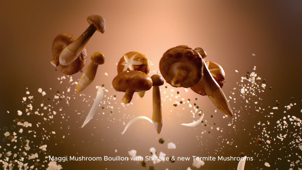 FMCG food commercial still produced in Vietnam by Hoang Films, mushrooms suspended in studio light