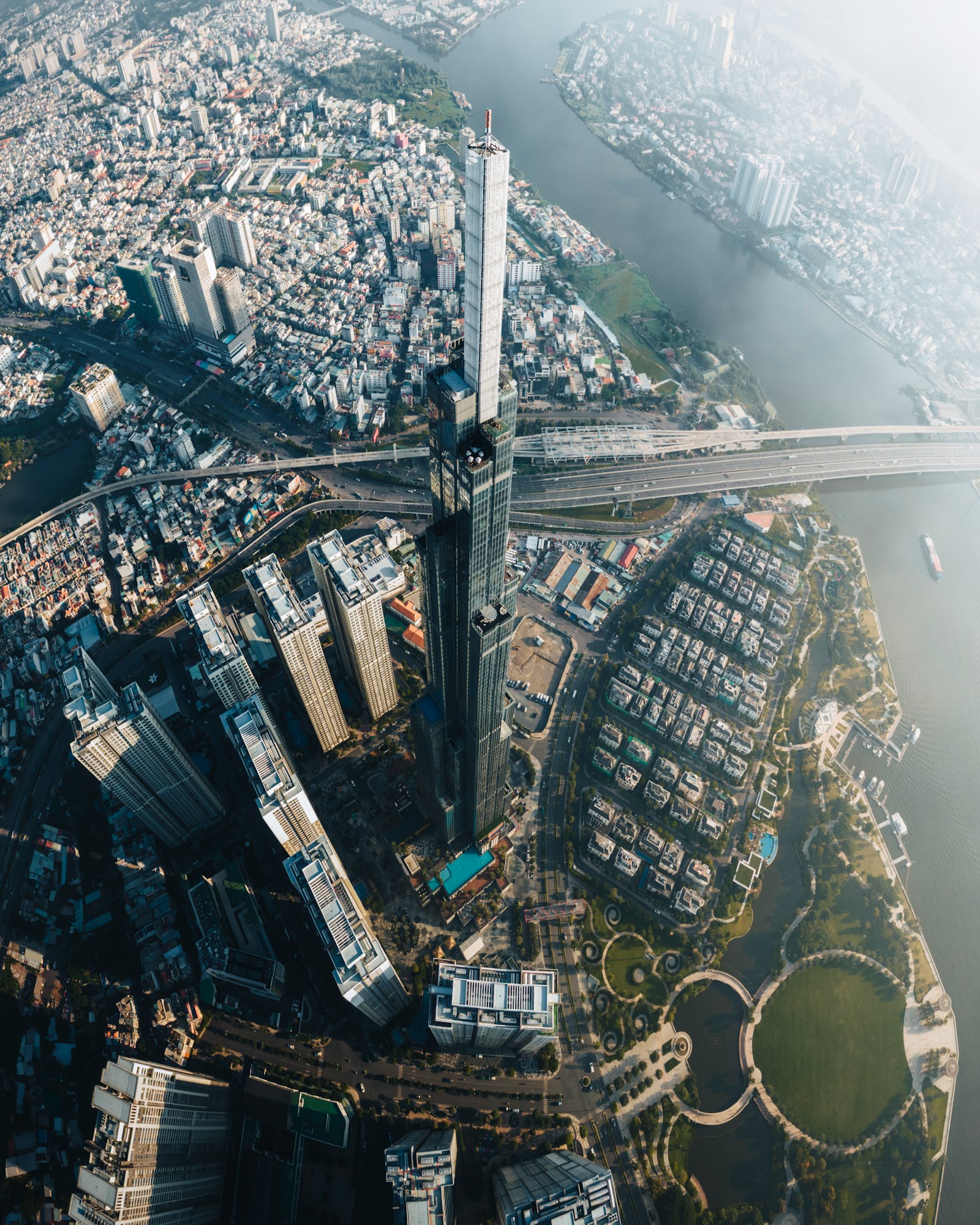 Aerial view of Ho Chi Minh City skyline showing Landmark 81 and the urban density of the business district
