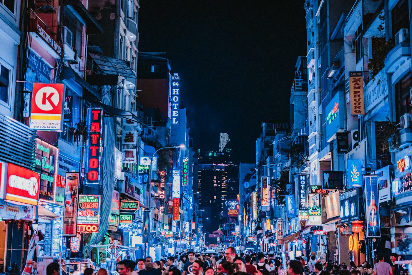 Neon lights along Bui Vien street in Saigon